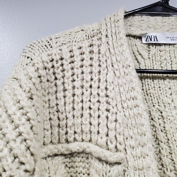 Zara Women's Patchwork Chunky Knit Open Front Cardigan Sweater Light Gre… - Picture 8 of 12